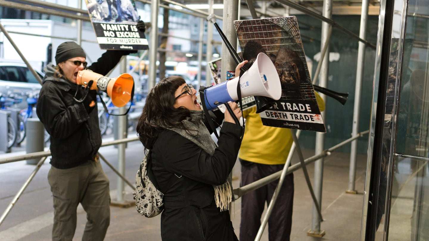 Members of the Coalition to Abolish the Fur Trade protested at Hearst Tower.
