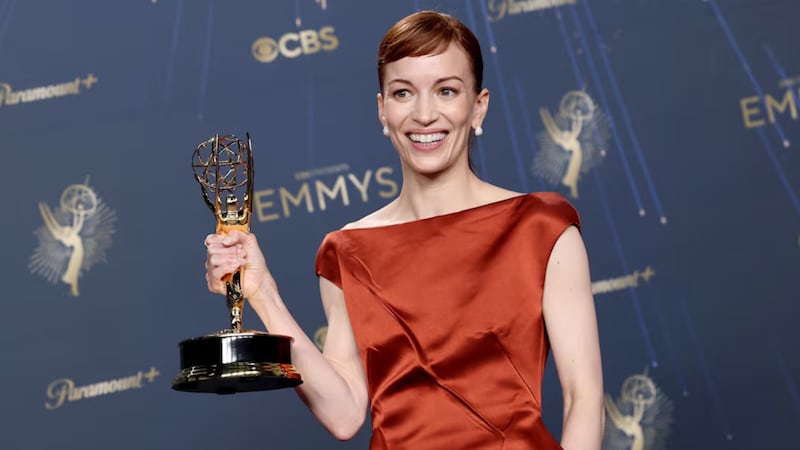 "Severance" star Britt Lower, who won the award for Lead Actress in a Drama Series, wore a custom Calvin Klein look just days after attending the brand's NYFW show.